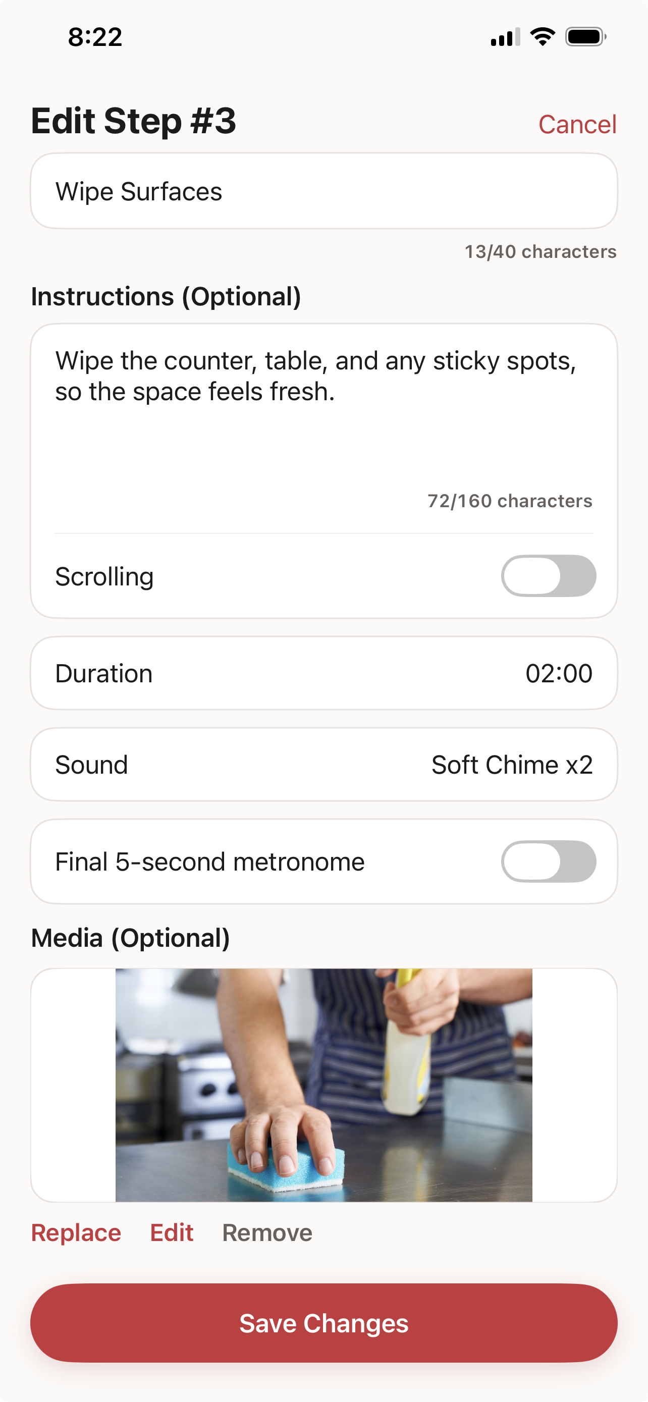 Kololad step editor with instructions, duration, sound, scrolling, and attached media controls.