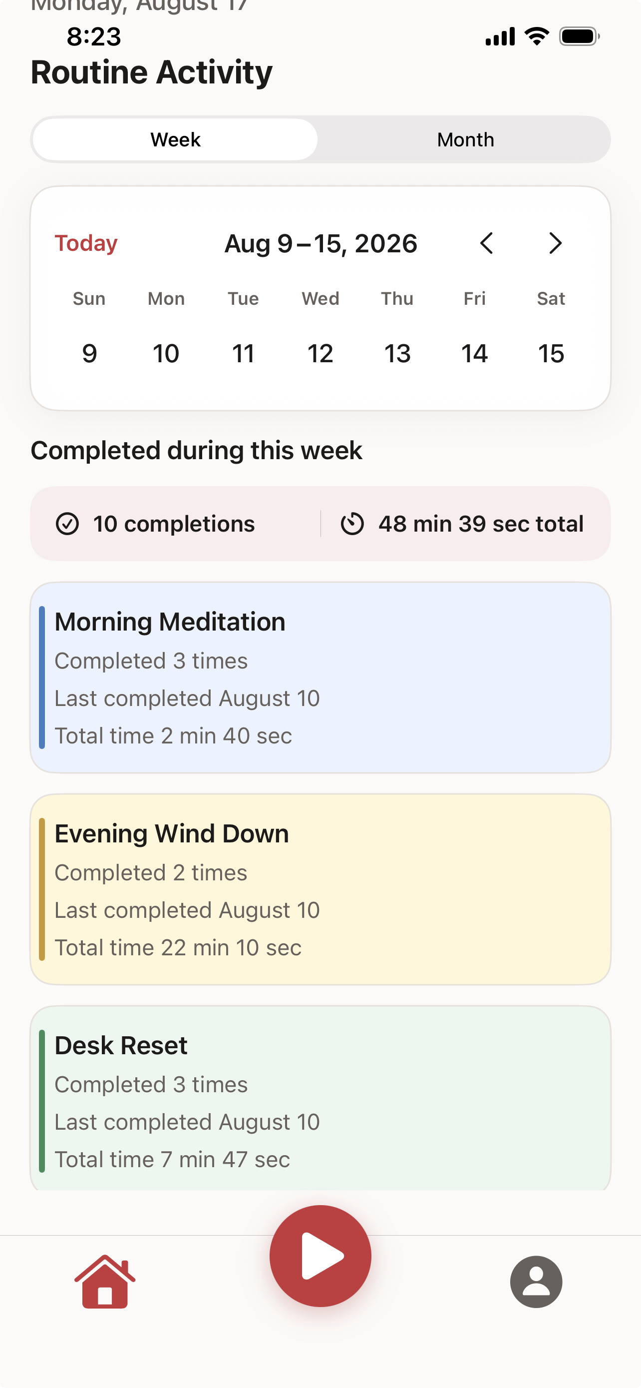 Kololad weekly routine activity showing completions, total time, and completed routines.