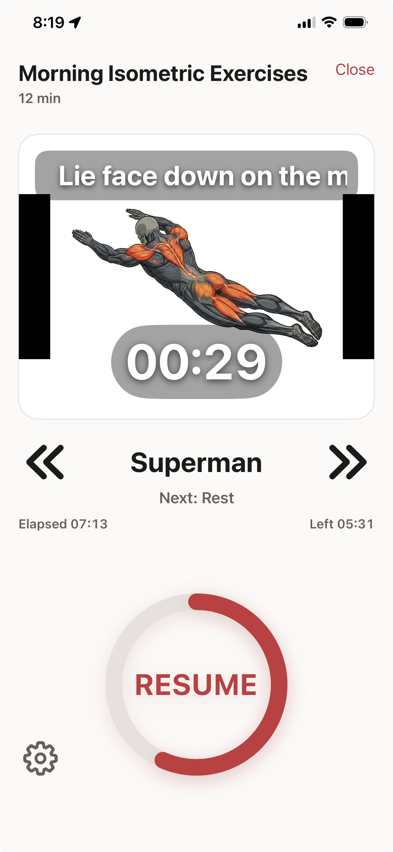 Kololad routine player guiding a visual exercise step with a countdown and routine progress.